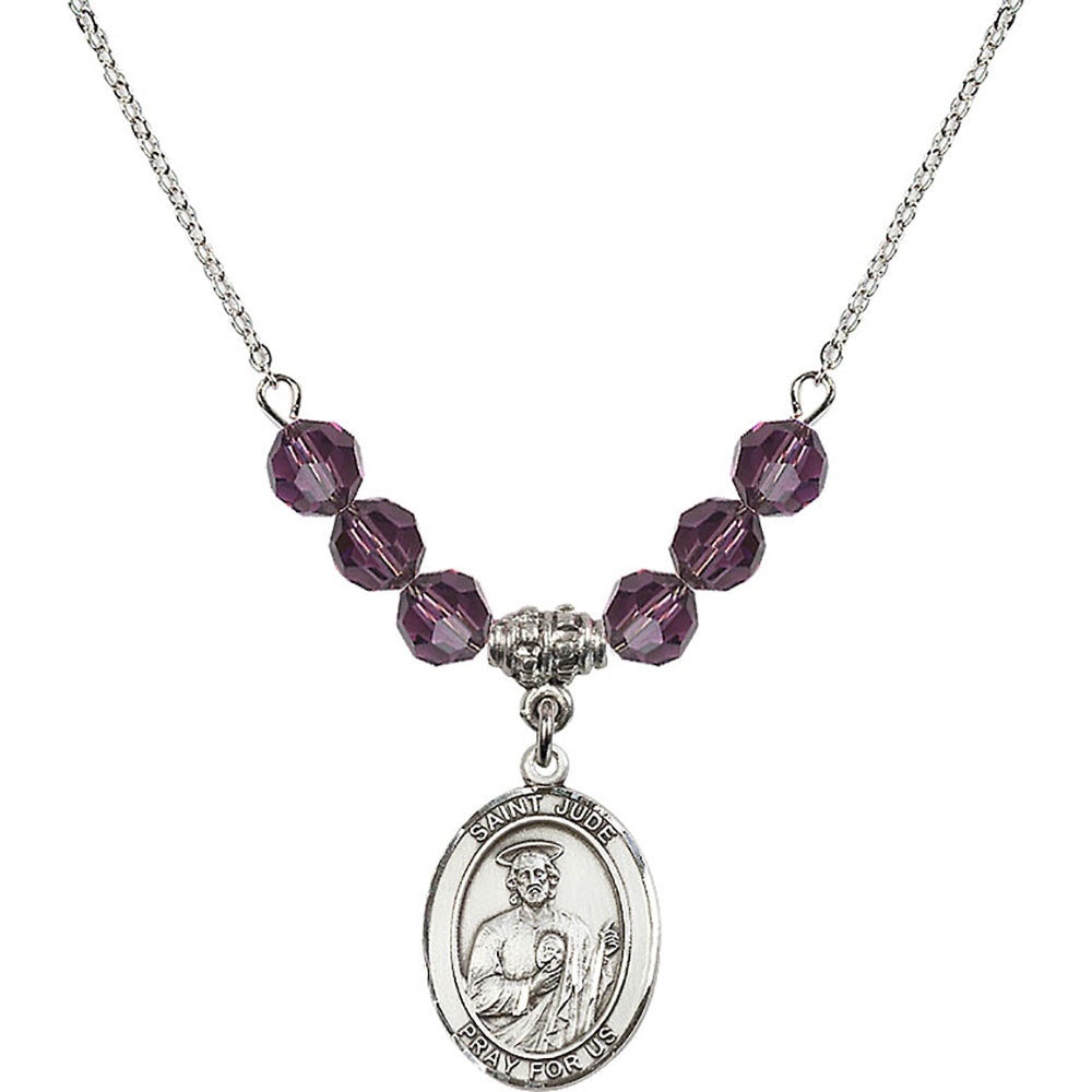 Sterling Silver Saint Jude Thaddeus Birthstone Necklace with Amethyst Beads - 8060