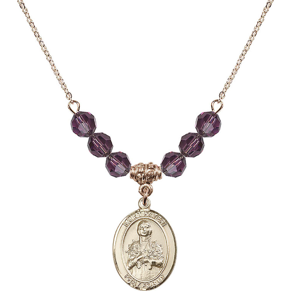 14kt Gold Filled Saint Kateri Tekakwitha Birthstone Necklace with Amethyst Beads - 8061
