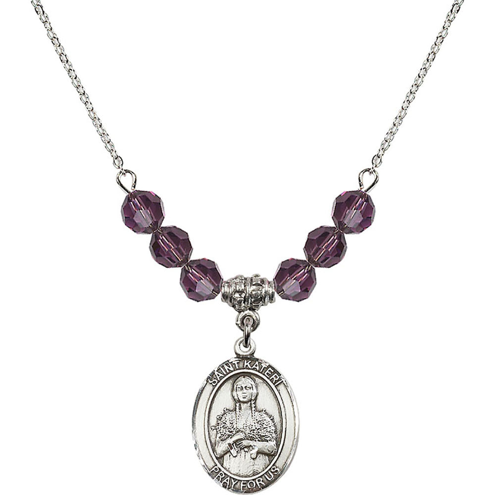 Sterling Silver Saint Kateri Tekakwitha Birthstone Necklace with Amethyst Beads - 8061