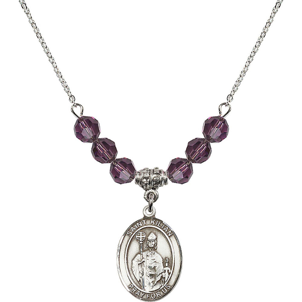 Sterling Silver Saint Kilian Birthstone Necklace with Amethyst Beads - 8067