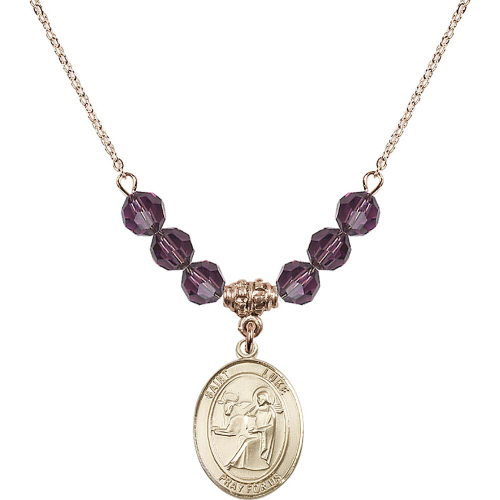14kt Gold Filled Saint Luke the Apostle Birthstone Necklace with Amethyst Beads - 8068