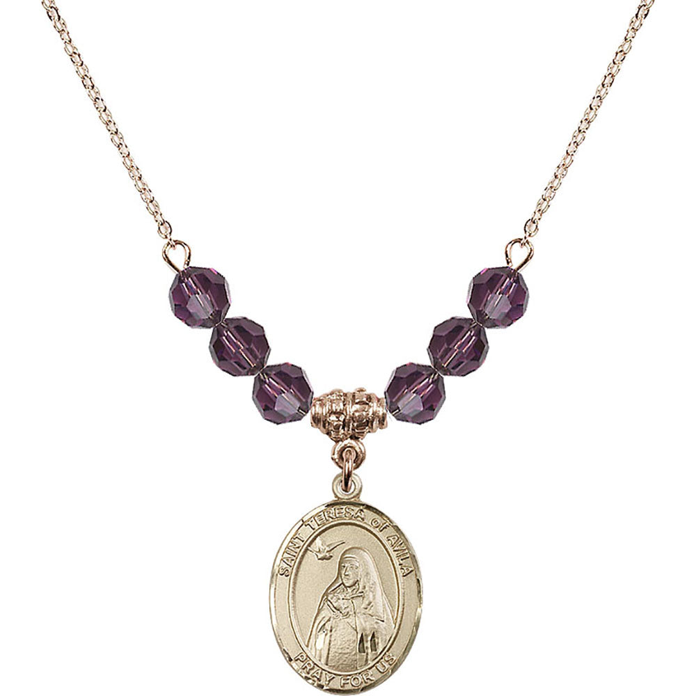 14kt Gold Filled Saint Teresa of Avila Birthstone Necklace with Amethyst Beads - 8102