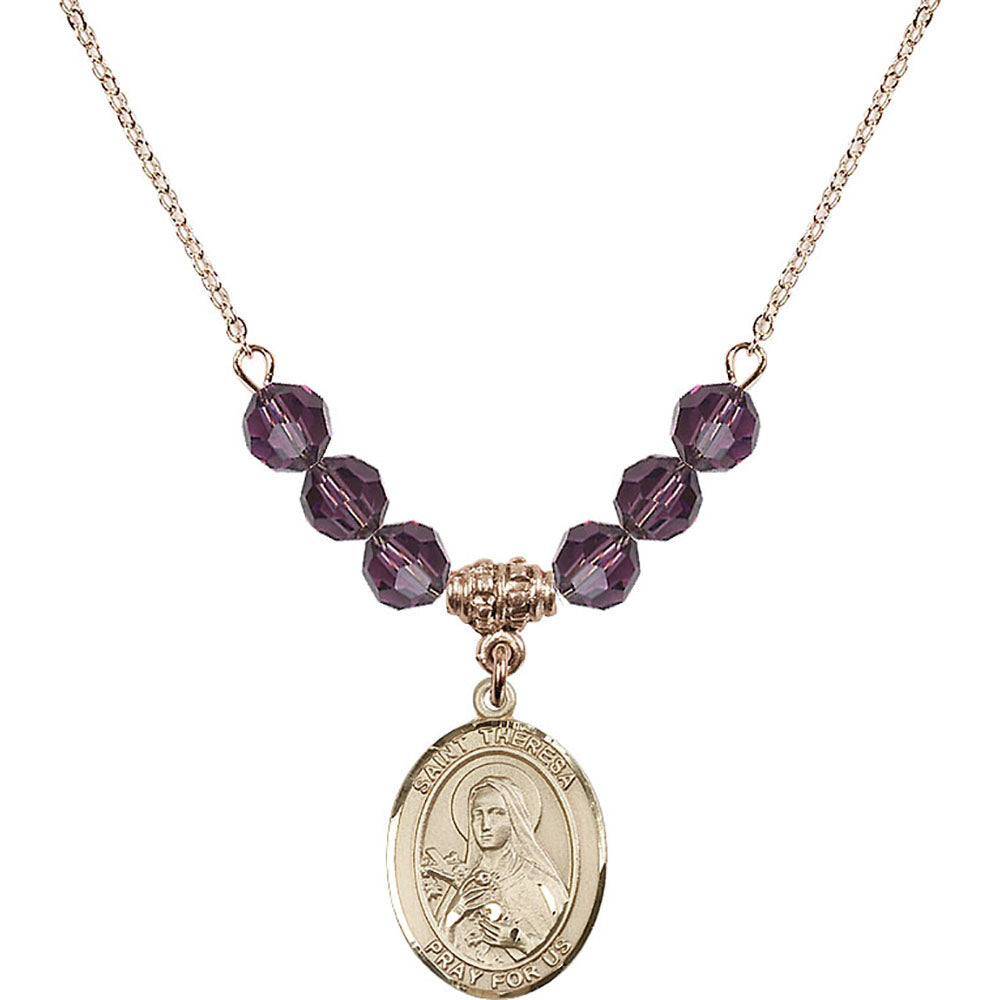 14kt Gold Filled Saint Theresa Birthstone Necklace with Amethyst Beads - 8106