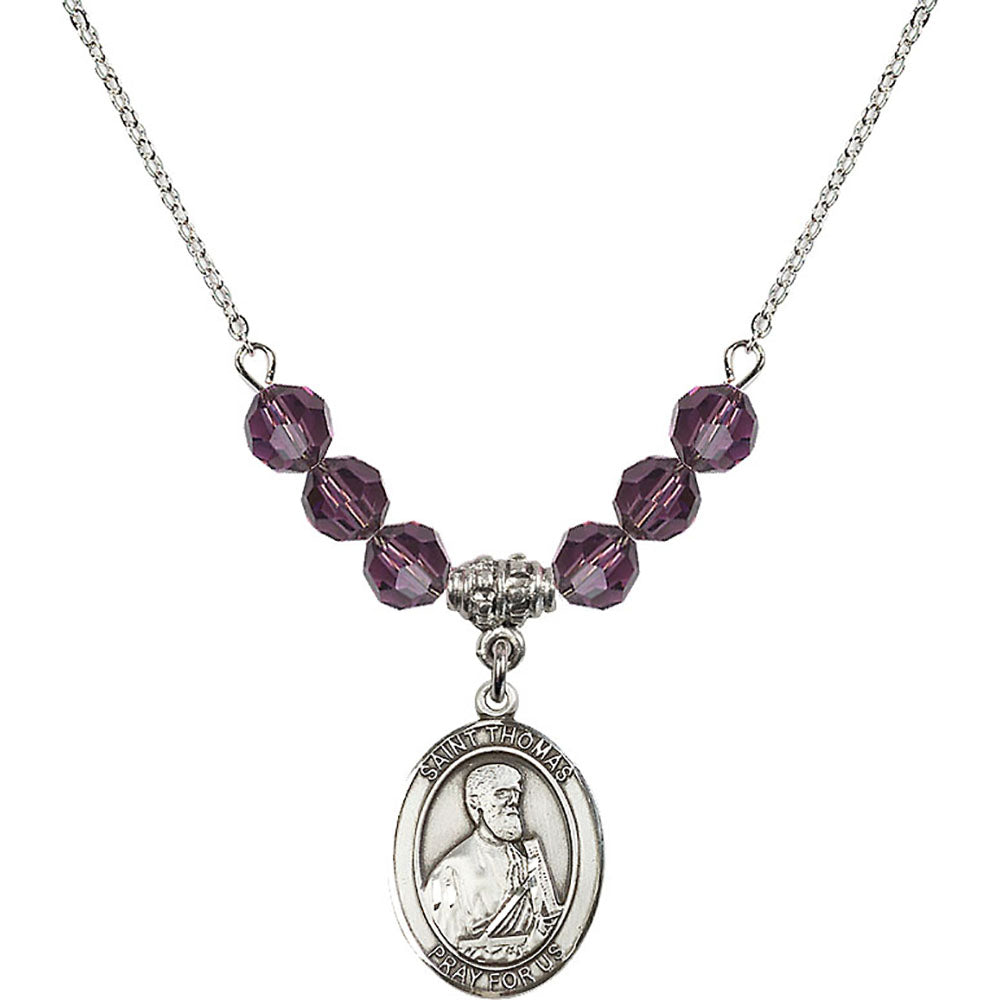 Sterling Silver Saint Thomas the Apostle Birthstone Necklace with Amethyst Beads - 8107