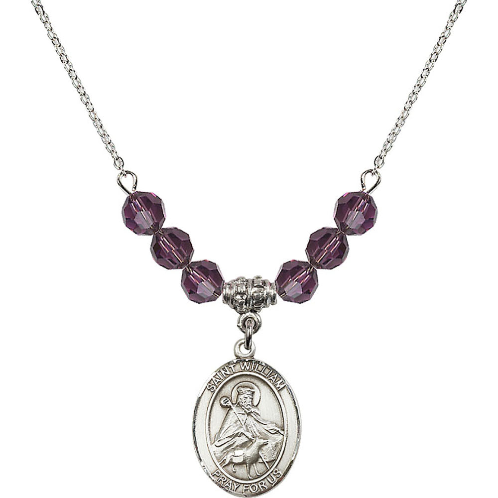 Sterling Silver Saint William of Rochester Birthstone Necklace with Amethyst Beads - 8114