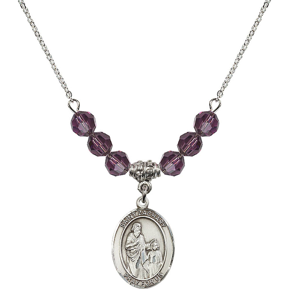 Sterling Silver Saint Zachary Birthstone Necklace with Amethyst Beads - 8116