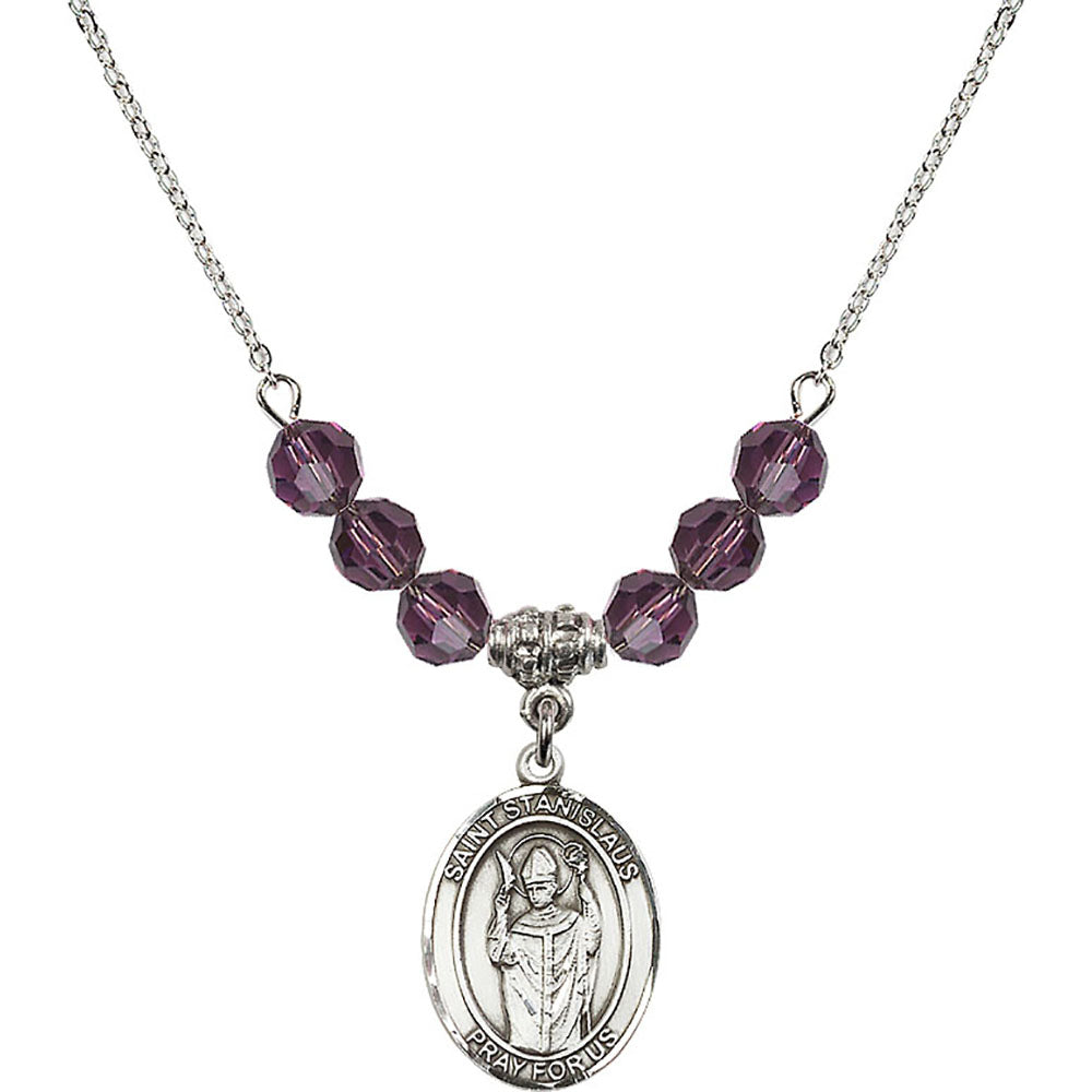 Sterling Silver Saint Stanislaus Birthstone Necklace with Amethyst Beads - 8124