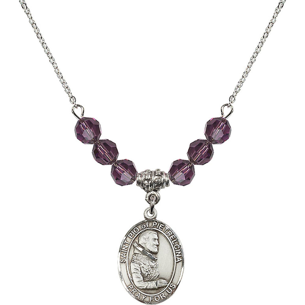 Sterling Silver Saint Pio of Pietrelcina Birthstone Necklace with Amethyst Beads - 8125