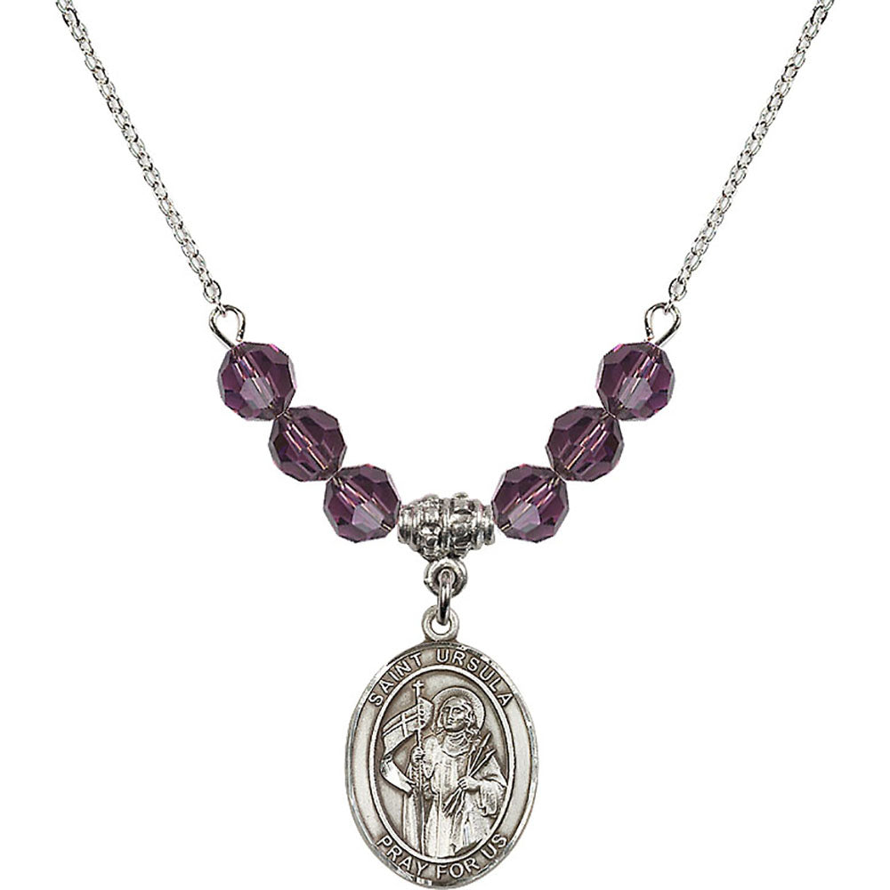 Sterling Silver Saint Ursula Birthstone Necklace with Amethyst Beads - 8127