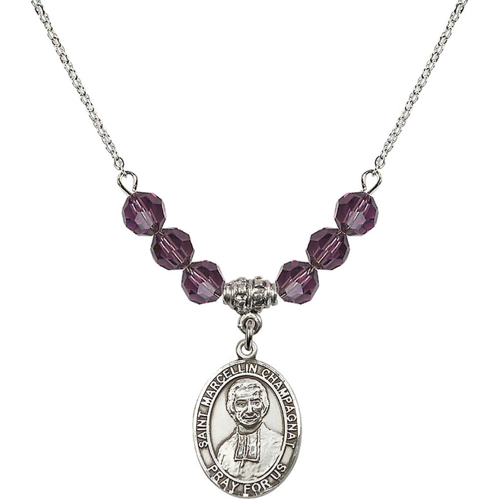 Sterling Silver Saint Marcellin Champagnat Birthstone Necklace with Amethyst Beads - 8131