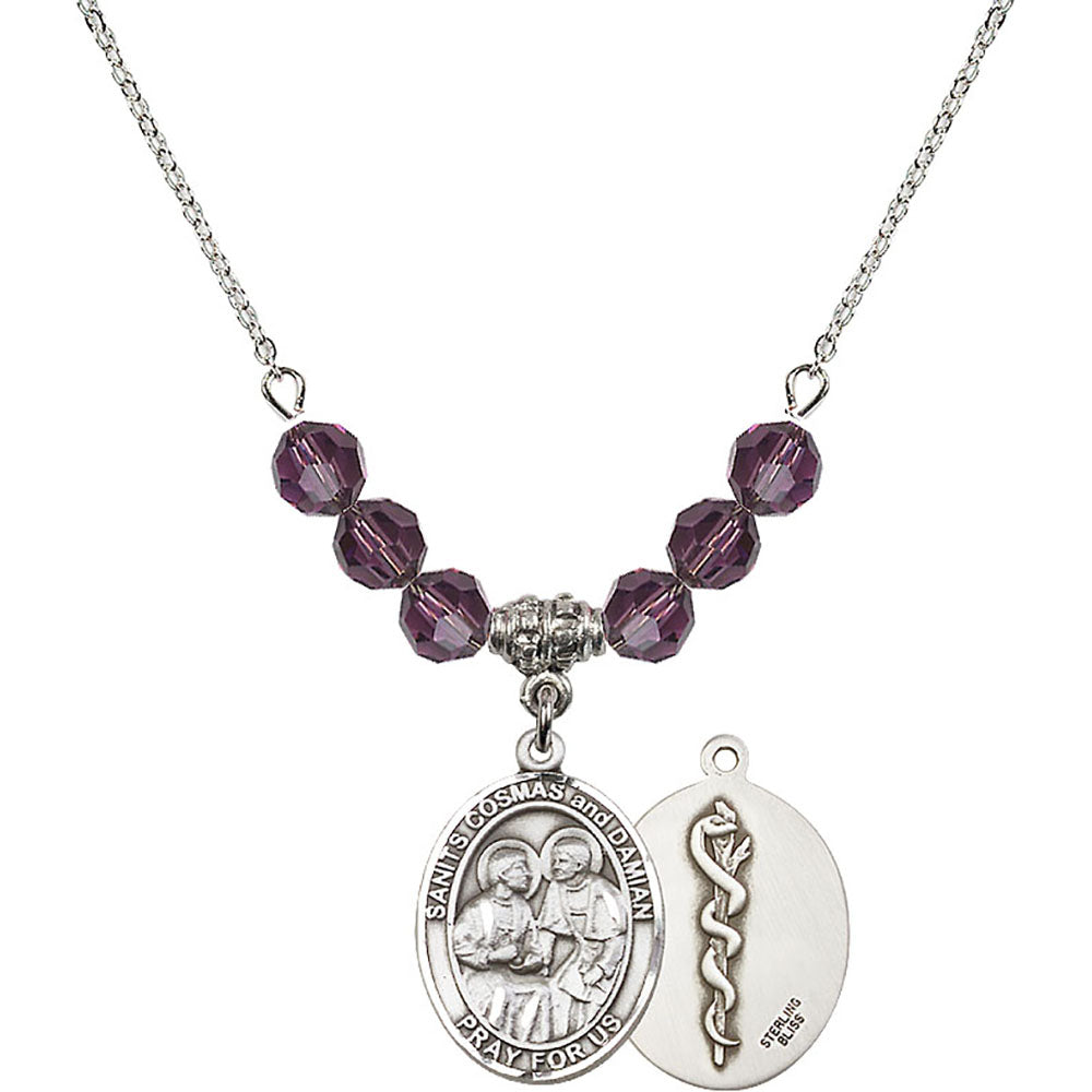 Sterling Silver Saints Cosmas & Damian / Doctors Birthstone Necklace with Amethyst Beads - 8132