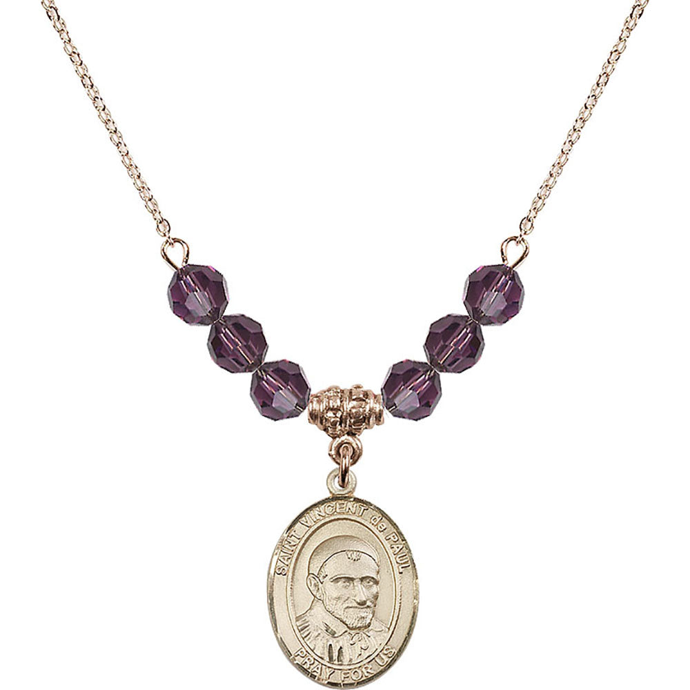 14kt Gold Filled Saint Vincent De Paul Birthstone Necklace with Amethyst Beads - 8134