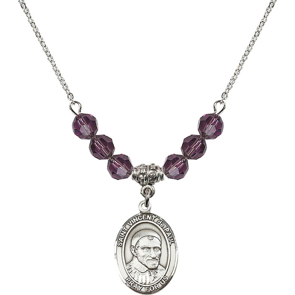 Sterling Silver Saint Vincent De Paul Birthstone Necklace with Amethyst Beads - 8134
