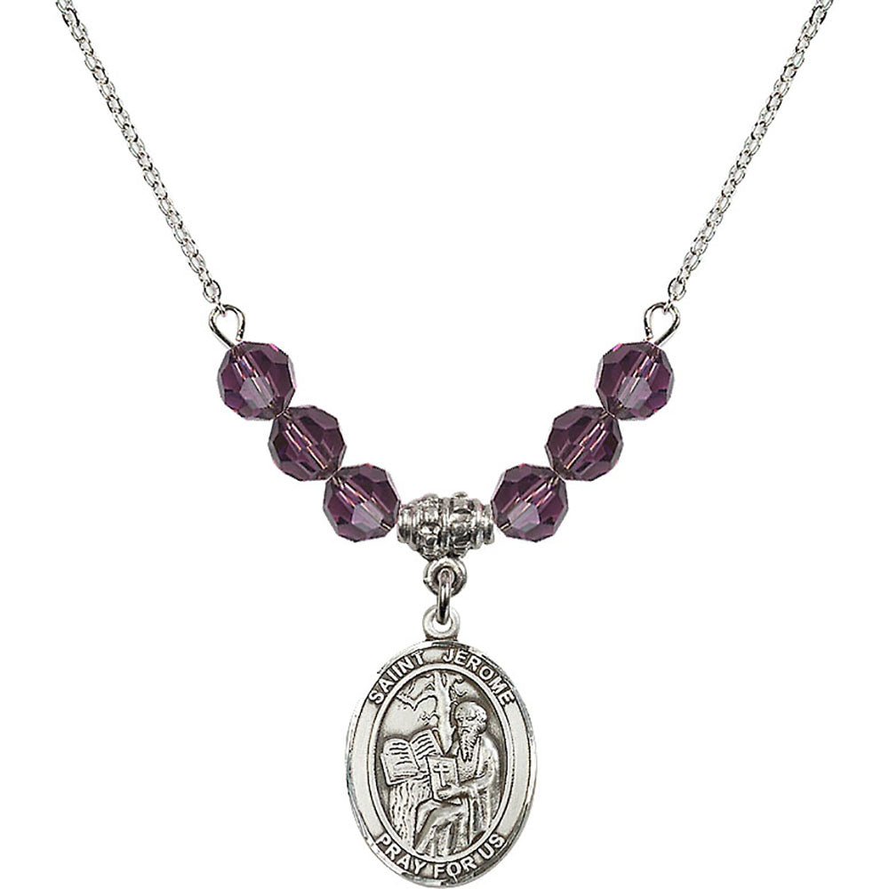 Sterling Silver Saint Jerome Birthstone Necklace with Amethyst Beads - 8135