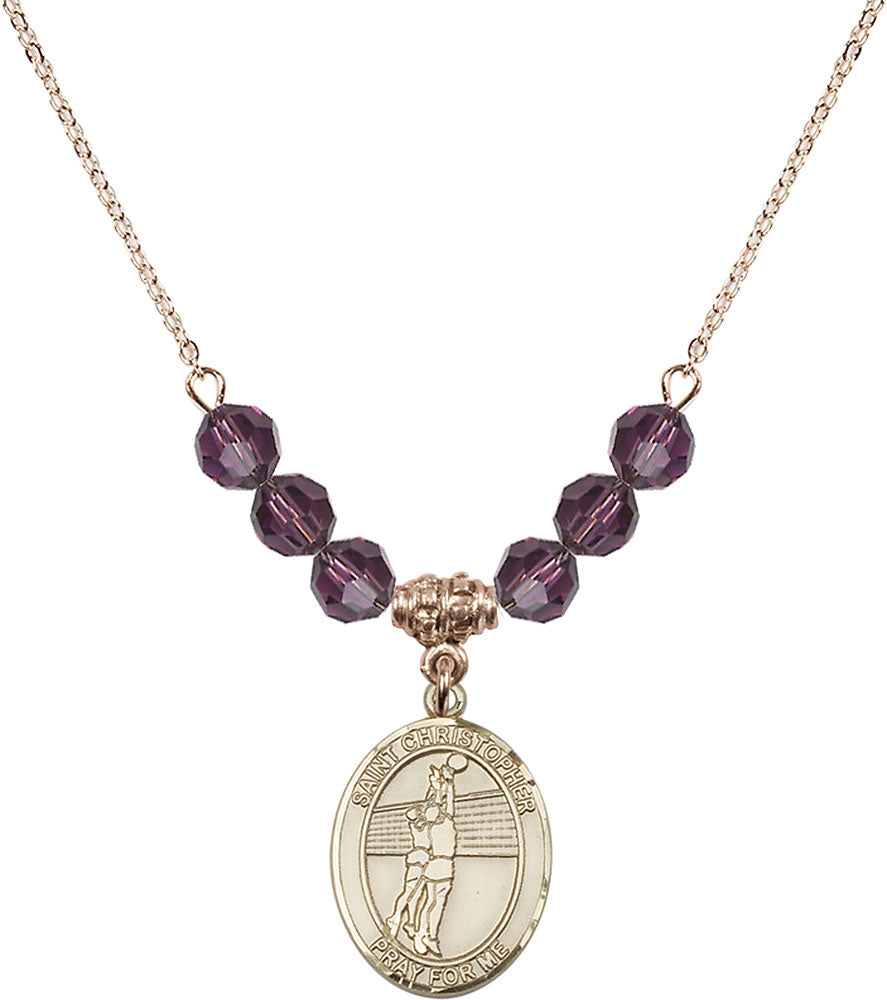 14kt Gold Filled Saint Christopher/Volleyball Birthstone Necklace with Amethyst Beads - 8138