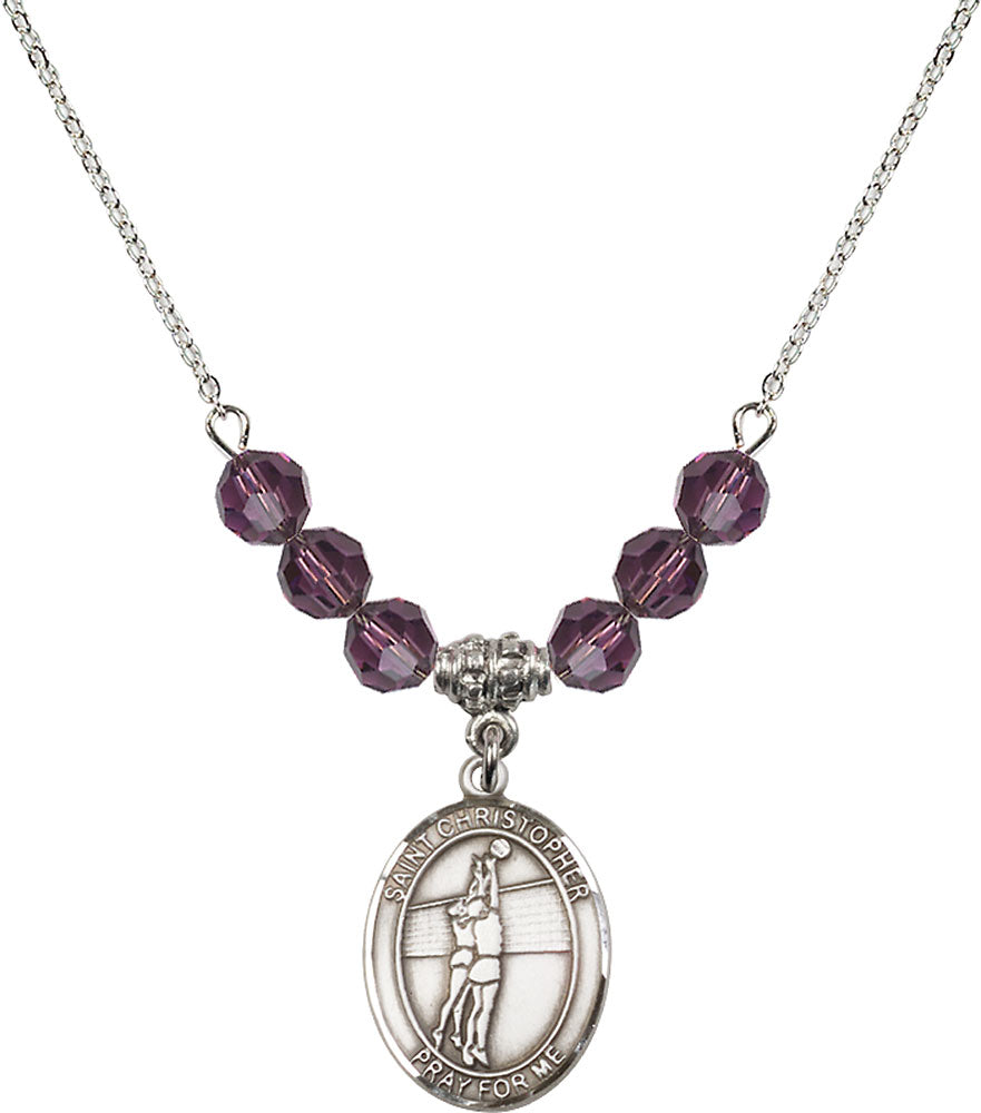 Sterling Silver Saint Christopher/Volleyball Birthstone Necklace with Amethyst Beads - 8138