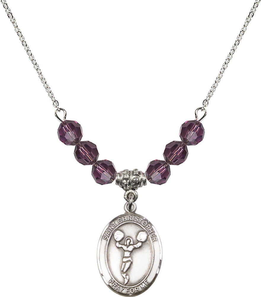 Sterling Silver Saint Christopher/Cheerleading Birthstone Necklace with Amethyst Beads - 8140
