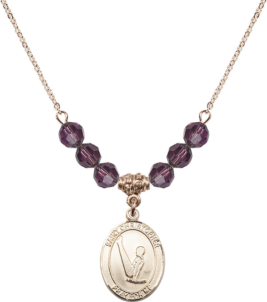 14kt Gold Filled Saint Christopher/Gymnastics Birthstone Necklace with Amethyst Beads - 8142