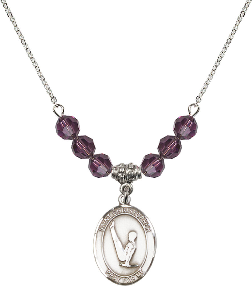 Sterling Silver Saint Christopher/Gymnastics Birthstone Necklace with Amethyst Beads - 8142