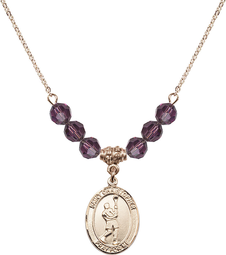 14kt Gold Filled Saint Christopher/Lacrosse Birthstone Necklace with Amethyst Beads - 8144