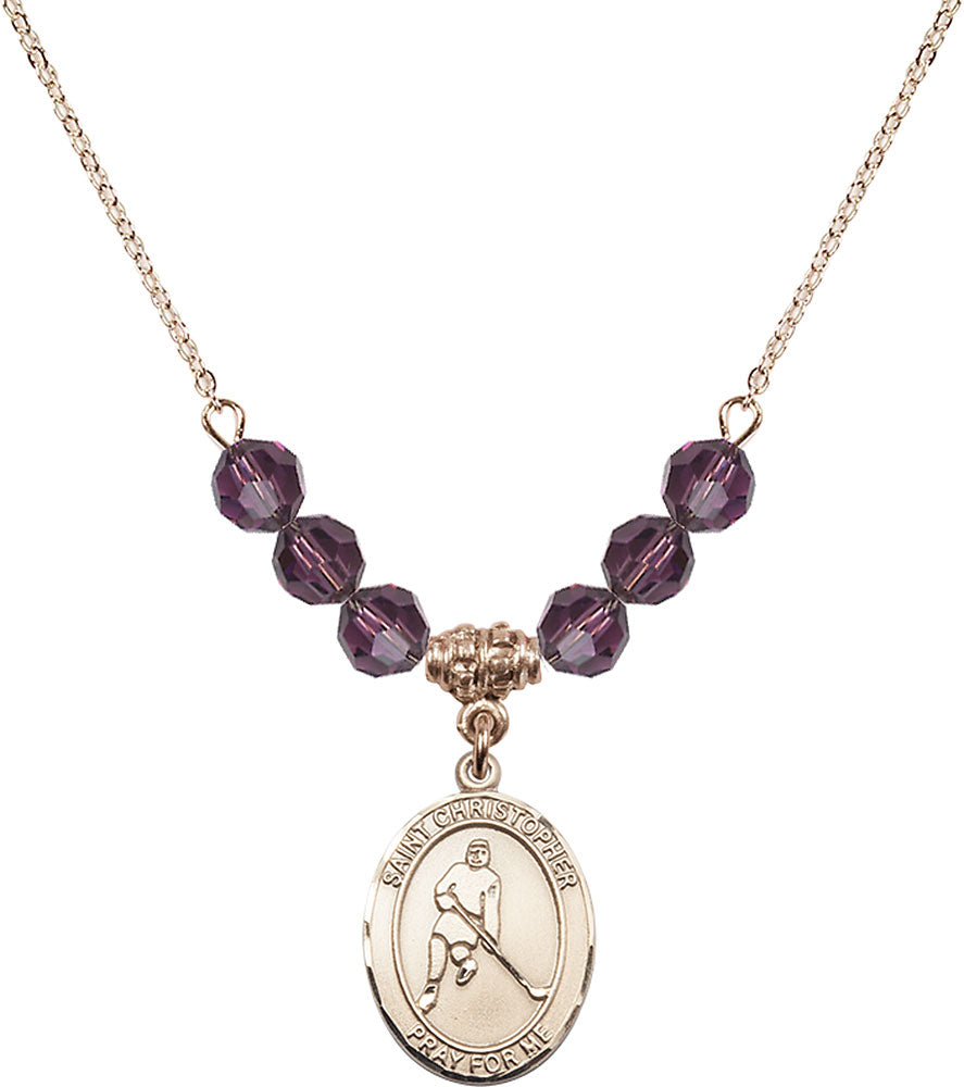 14kt Gold Filled Saint Christopher/Ice Hockey Birthstone Necklace with Amethyst Beads - 8155