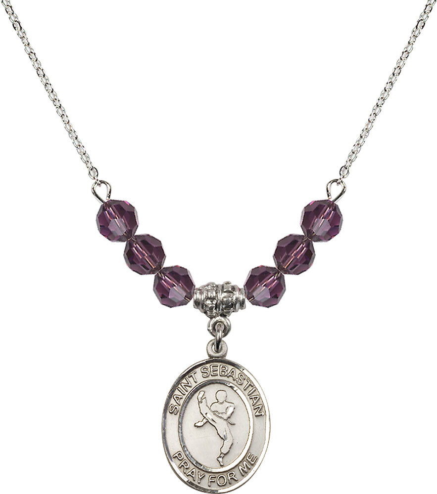 Sterling Silver Saint Sebastian/Martial Arts Birthstone Necklace with Amethyst Beads - 8168