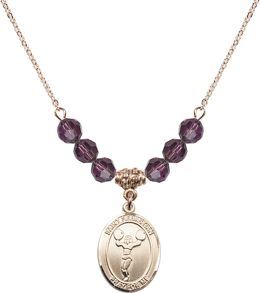 14kt Gold Filled Saint Sebastian/Cheerleading Birthstone Necklace with Amethyst Beads - 8170