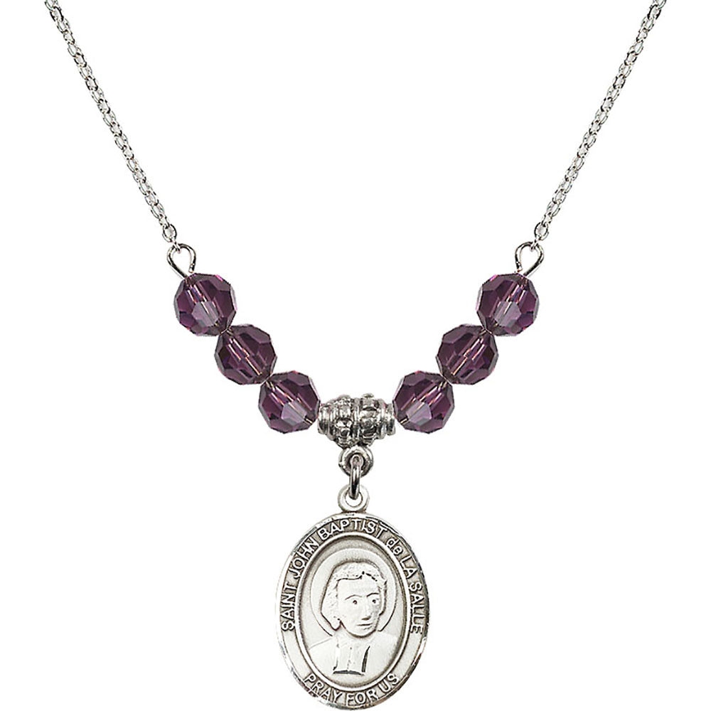 Sterling Silver Saint John Baptist de la Salle Birthstone Necklace with Amethyst Beads - 8262