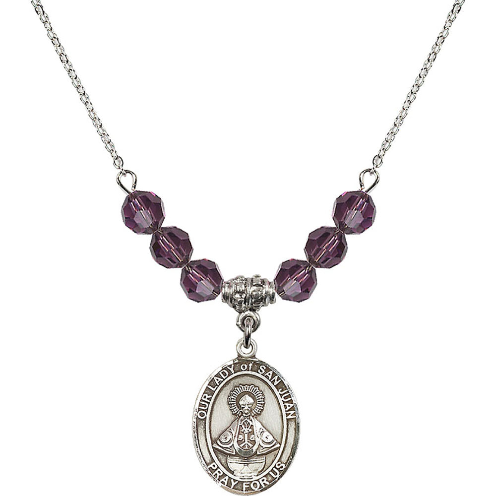 Sterling Silver Our Lady of San Juan Birthstone Necklace with Amethyst Beads - 8263