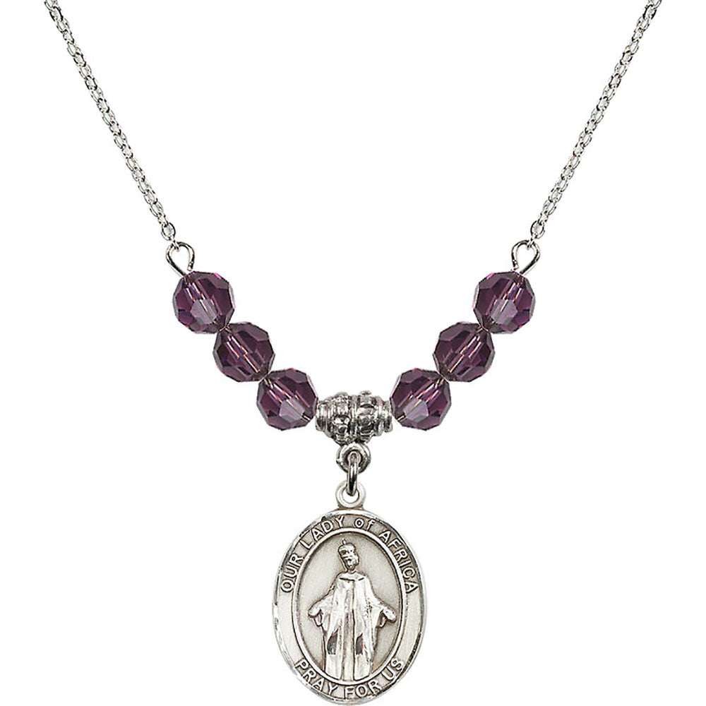 Sterling Silver Our Lady of Africa Birthstone Necklace with Amethyst Beads - 8269