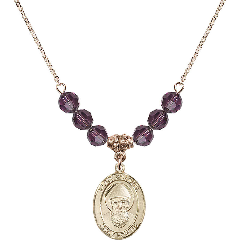 14kt Gold Filled Saint Sharbel Birthstone Necklace with Amethyst Beads - 8271