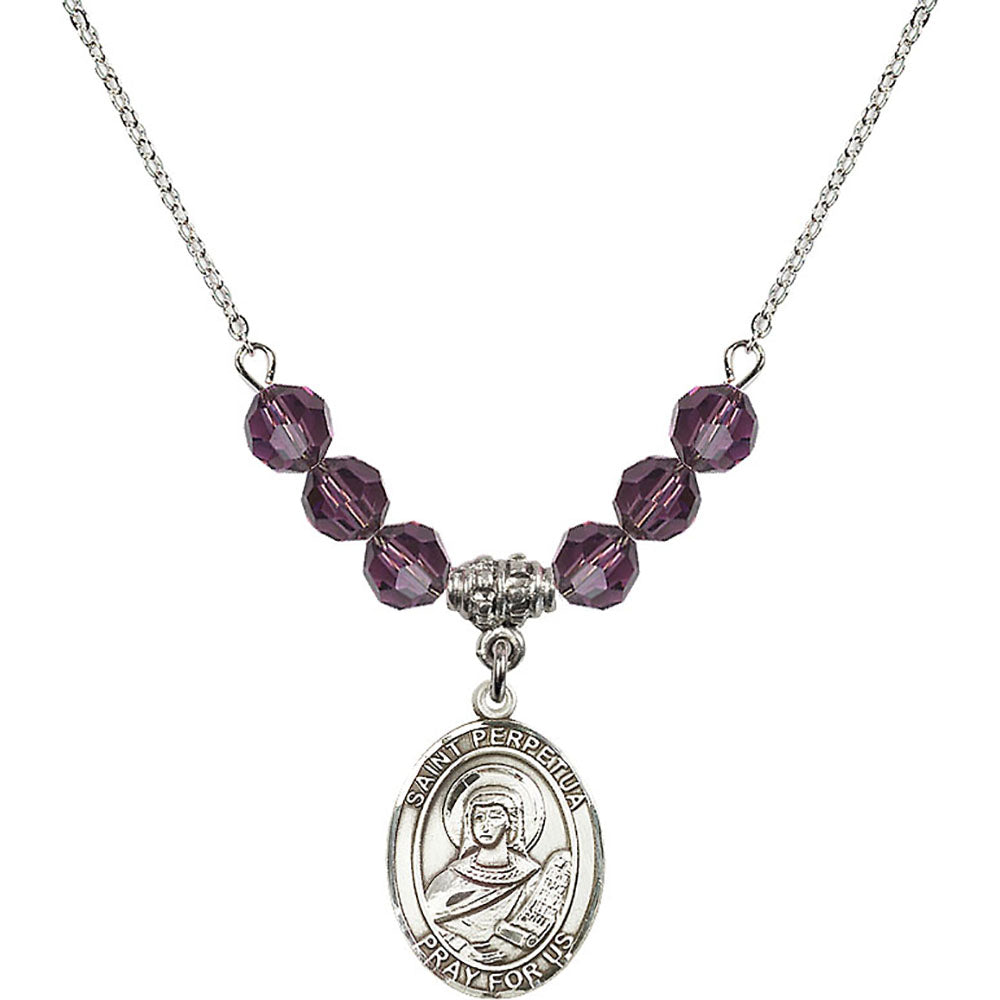 Sterling Silver Saint Perpetua Birthstone Necklace with Amethyst Beads - 8272