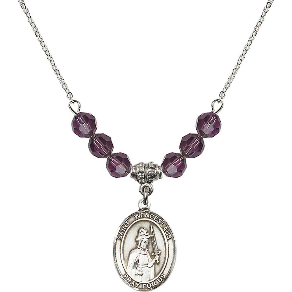 Sterling Silver Saint Wenceslaus Birthstone Necklace with Amethyst Beads - 8273