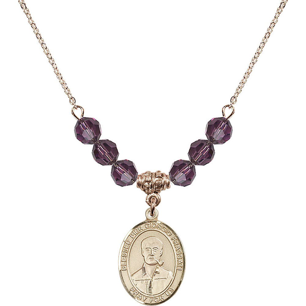 14kt Gold Filled Blessed Pier Giorgio Frassati Birthstone Necklace with Amethyst Beads - 8278