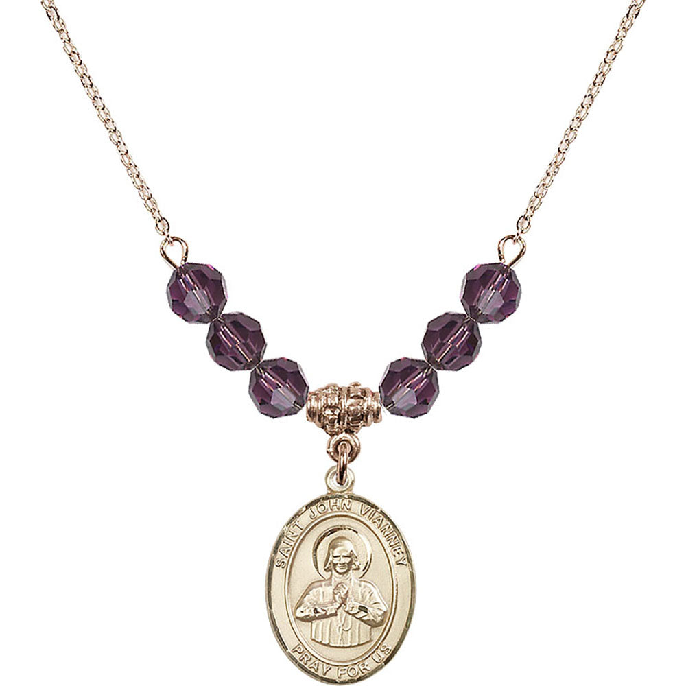14kt Gold Filled Saint John Vianney Birthstone Necklace with Amethyst Beads - 8282
