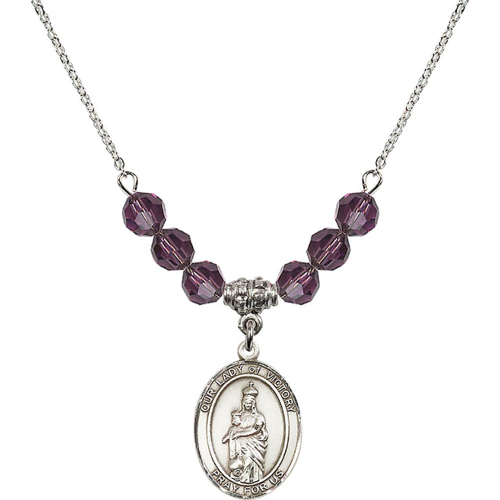 Sterling Silver Our Lady of Victory Birthstone Necklace with Amethyst Beads - 8306