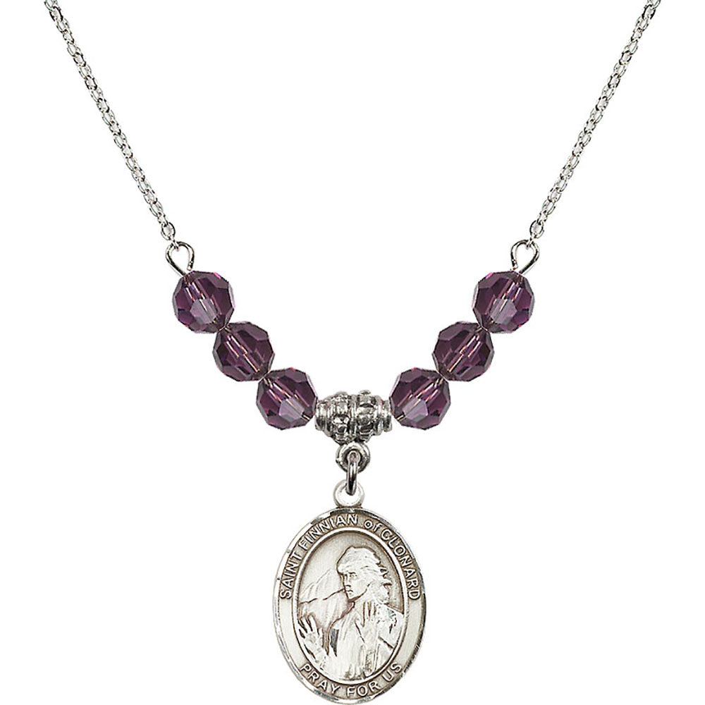 Sterling Silver Saint Finnian of Clonard Birthstone Necklace with Amethyst Beads - 8308