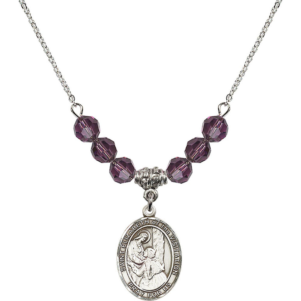 Sterling Silver Saint Elizabeth of the Visitation Birthstone Necklace with Amethyst Beads - 8311