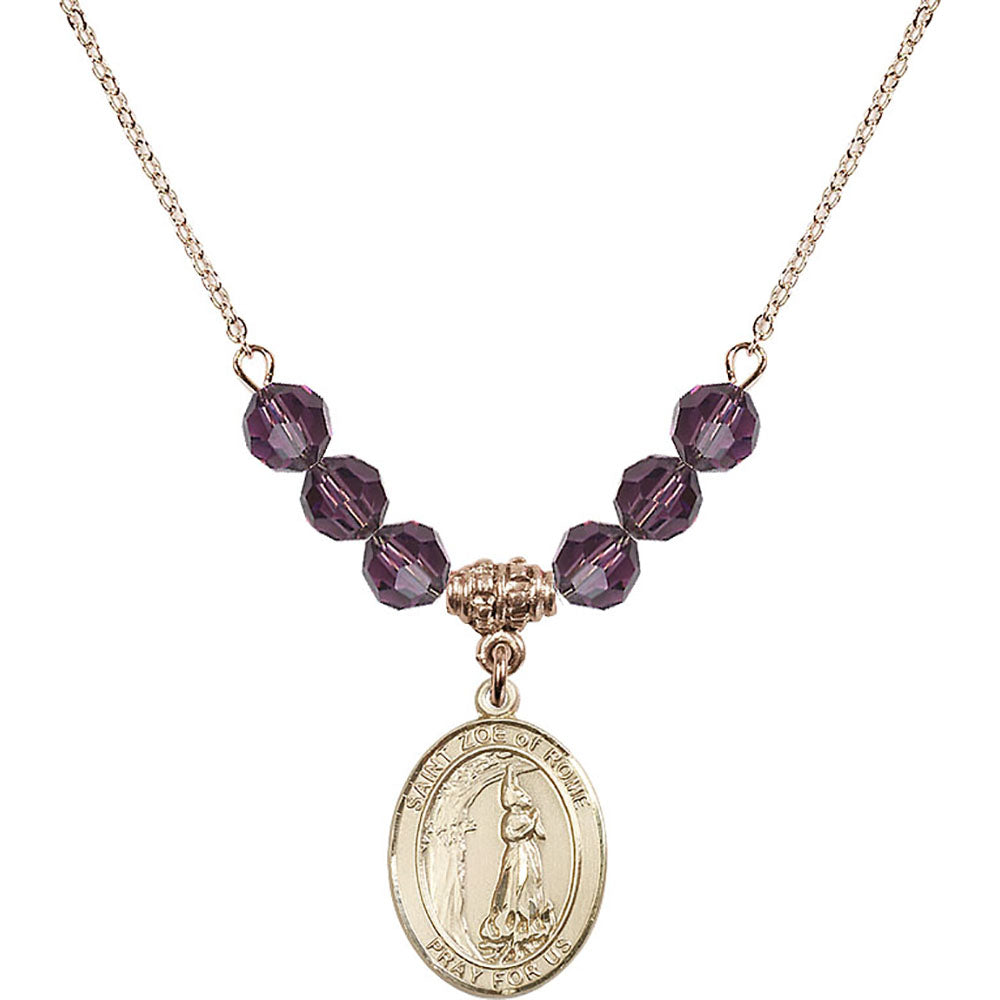 14kt Gold Filled Saint Zoe of Rome Birthstone Necklace with Amethyst Beads - 8314
