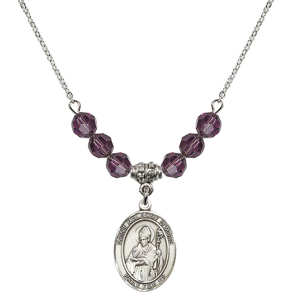 Sterling Silver Saint Malachy O'More Birthstone Necklace with Amethyst Beads - 8316