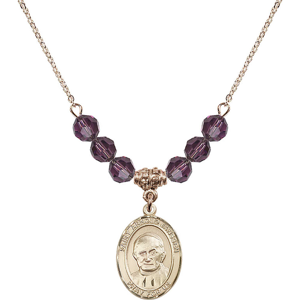 14kt Gold Filled Saint Arnold Janssen Birthstone Necklace with Amethyst Beads - 8328