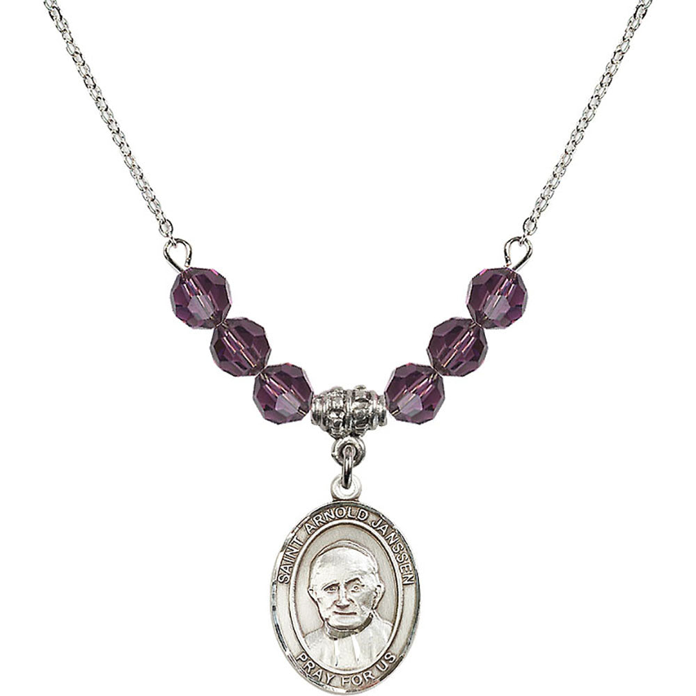 Sterling Silver Saint Arnold Janssen Birthstone Necklace with Amethyst Beads - 8328