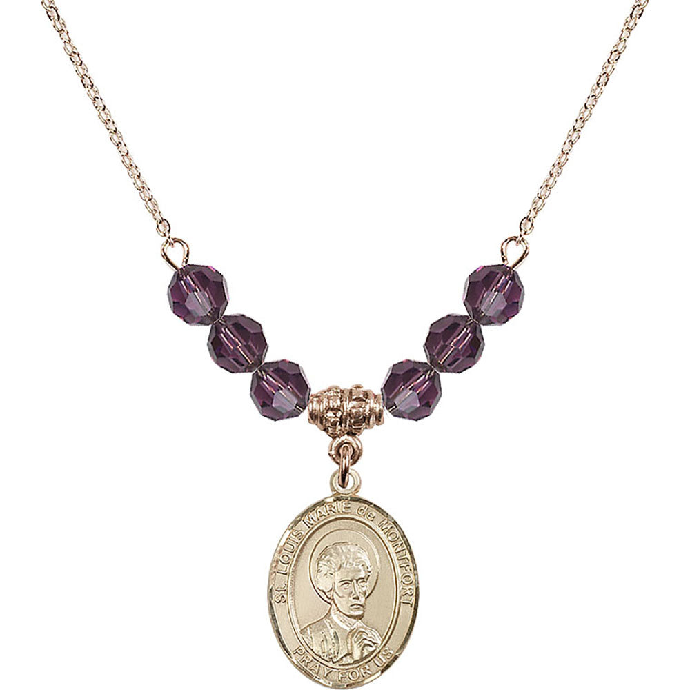 14kt Gold Filled Saint Louis Marie de Montfort Birthstone Necklace with Amethyst Beads - 8330