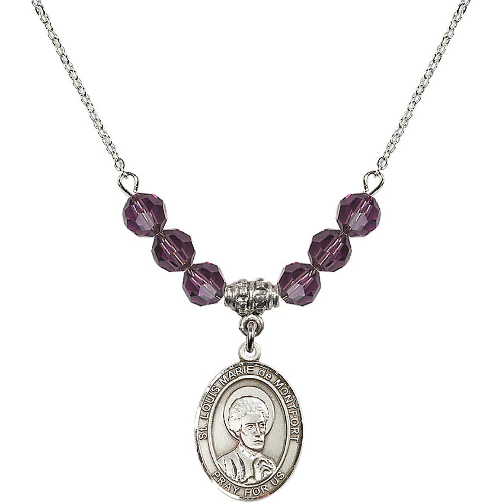 Sterling Silver Saint Louis Marie de Montfort Birthstone Necklace with Amethyst Beads - 8330