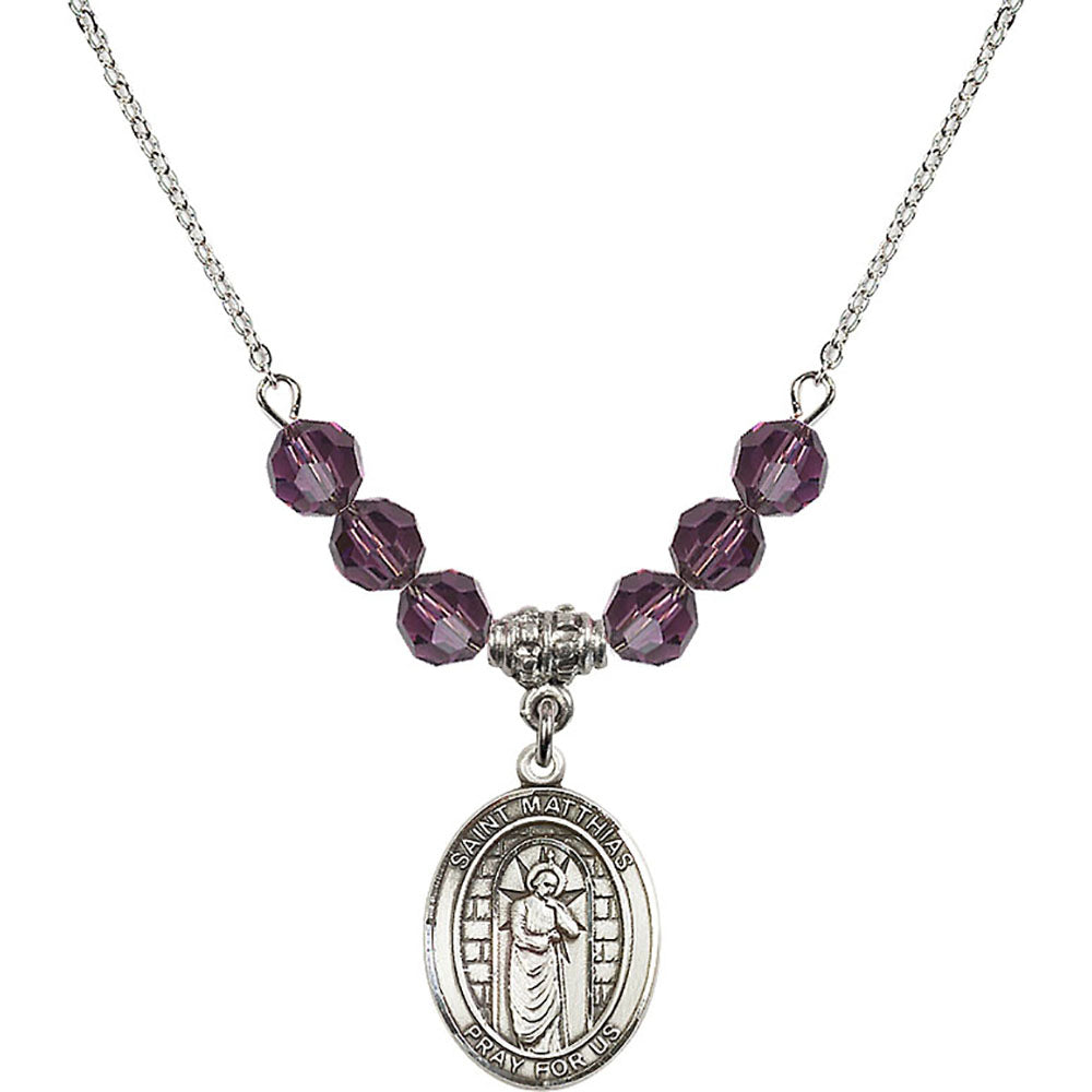 Sterling Silver Saint Matthias the Apostle Birthstone Necklace with Amethyst Beads - 8331