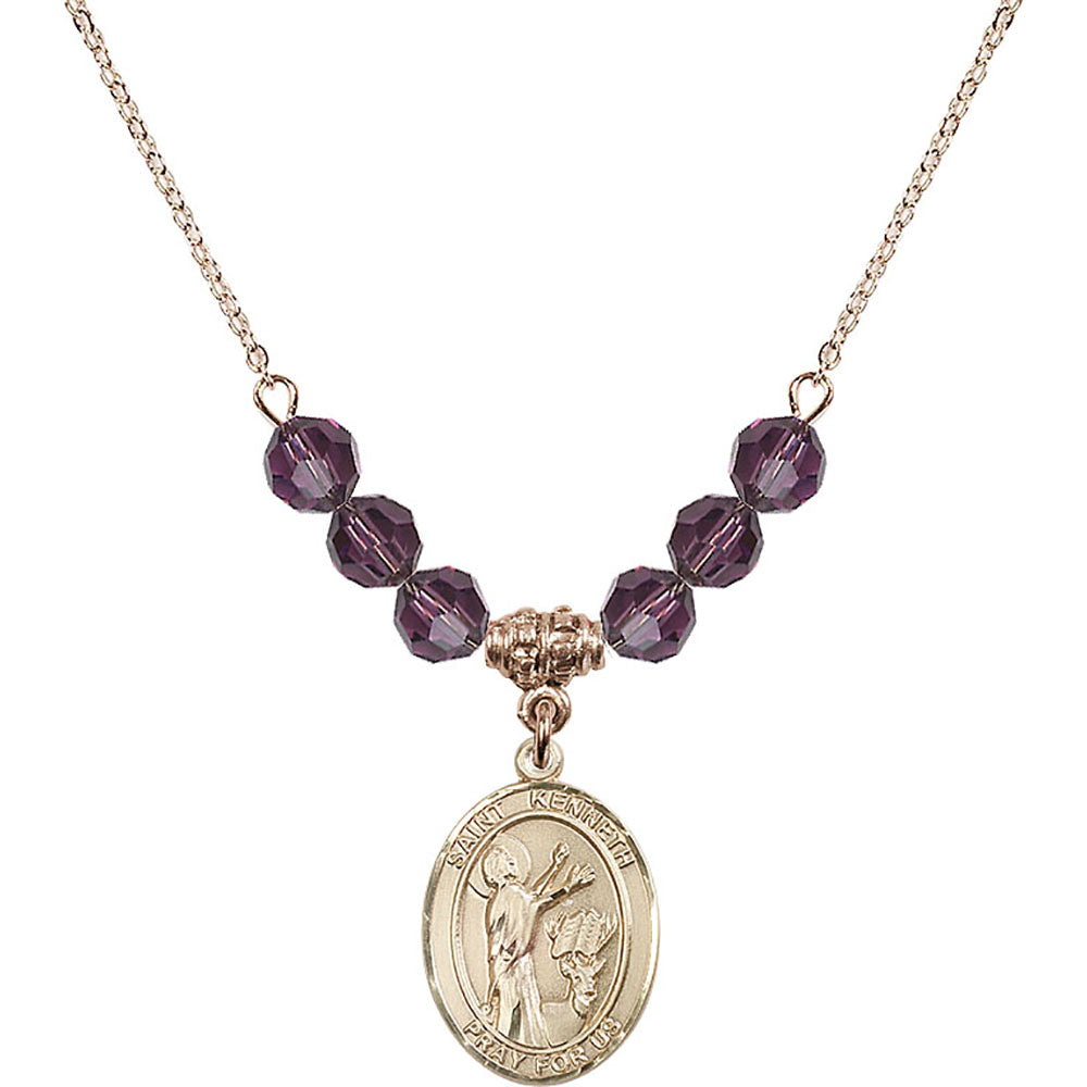 14kt Gold Filled Saint Kenneth Birthstone Necklace with Amethyst Beads - 8332