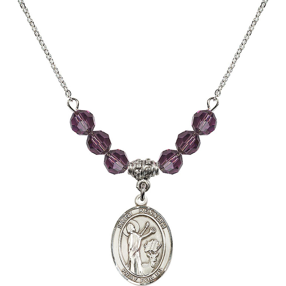 Sterling Silver Saint Kenneth Birthstone Necklace with Amethyst Beads - 8332