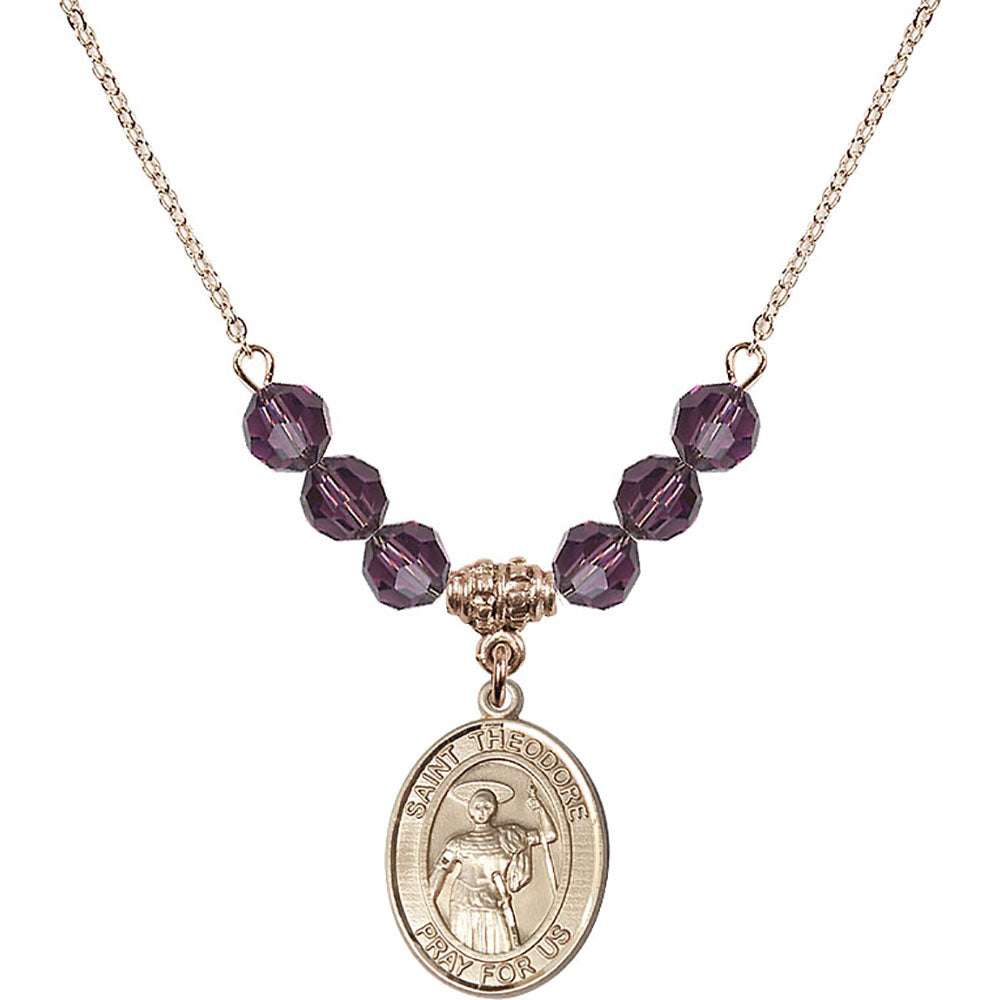 14kt Gold Filled Saint Theodore Stratelates Birthstone Necklace with Amethyst Beads - 8415