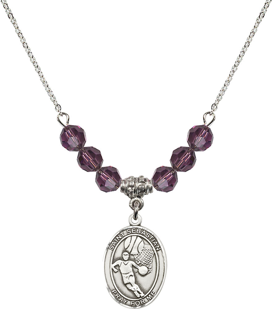 Sterling Silver Saint Sebastian/Basketball Birthstone Necklace with Amethyst Beads - 8602