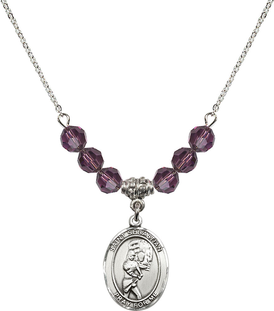 Sterling Silver Saint Sebastian/Softball Birthstone Necklace with Amethyst Beads - 8607